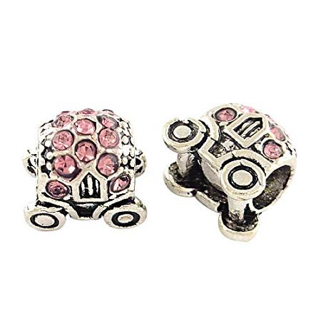 NBEADS 50 Pcs Light Rose Antique Silver Plated Alloy Rhinestone European Beads, Carriage Shape Large Hole Beads for Jewelry Making