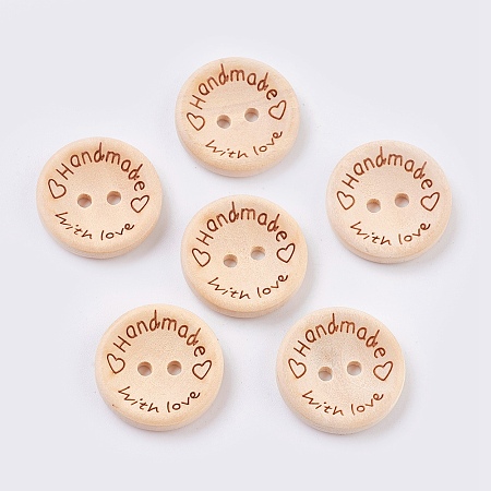 Honeyhandy Wooden Buttons, 2-Hole, with Word, Flat Round with Word Handmade with Love, Blanched Almond, 20x4mm, Hole: 2mm
