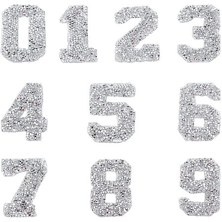 GORGECRAFT Glitter Rhinestone Number Stickers 0-9 Numbers 2.7 Inch High Self-Adhesive Sticker Iron-on Word Stickers for Cars Arts Crafts Clothing DIY Decoration (Silver)