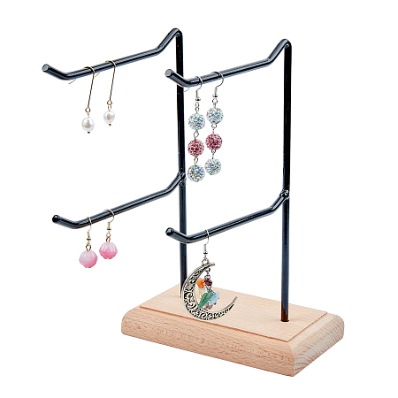 Arricraft 2-Tier 2-Row Wood Jewelry Display Stands, with Electrophoresis Black Tone Iron Findings, for Earrings, Bracelet, Keychain Organizer, BurlyWood, Finish Product: 16.5x13x21cm, about 3pcs/set