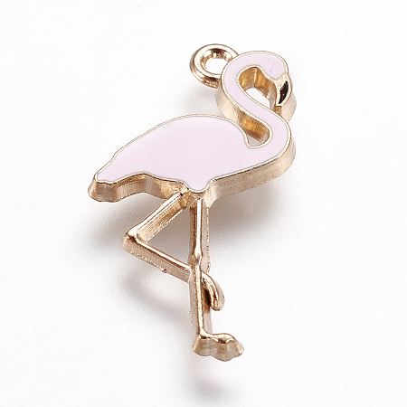 Honeyhandy Alloy Enamel Pendants, Flamingo Shape, Pink, Light Gold, 26x14x2.5mm, Hole: 1mm