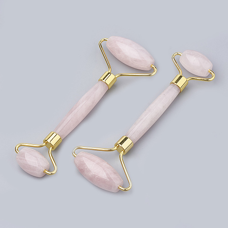 ARRICRAFT Natural Rose Quartz Massage Tools, Facial Rollers, with Brass Findings, Gold, 14.8x5.8x2cm