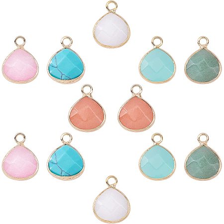 SUNNYCLUE 1 Box 12Pcs 6 Colors Teardrop Gemstone Charms Natural Energy Healing Crystal Gold Plated Pendants Colorful Chakra Stone Beads White Agate for Jewelry Making Crafts Supplies