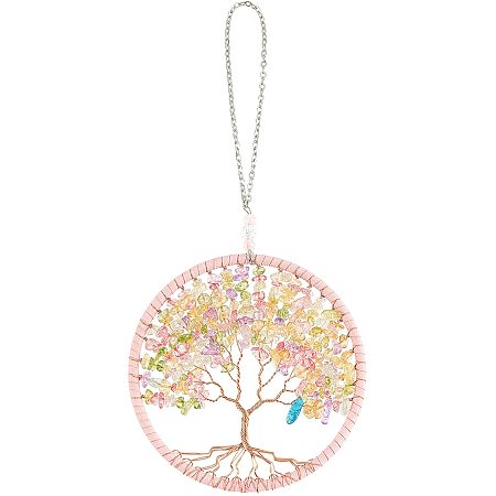NBEADS 1 Pc Tree of Life Pendant, Natural Gemstone Wire Hanging Decoration, Light Salmon Gemstone Necklace with Iron Cable Chains for Home, Window, Car, Decoration