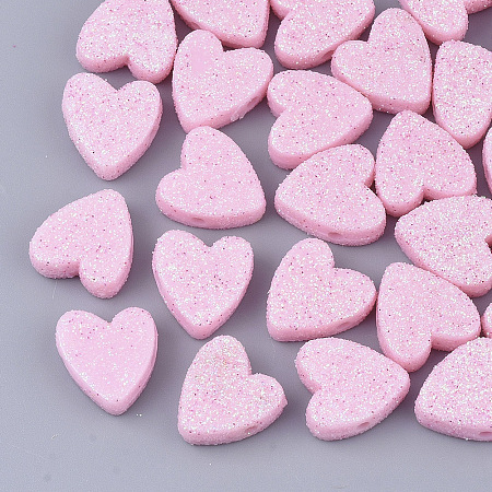 Honeyhandy Opaque Acrylic Beads, with Glitter Powder, Heart, Pearl Pink, 13.5x13x5mm, Hole: 1.5mm