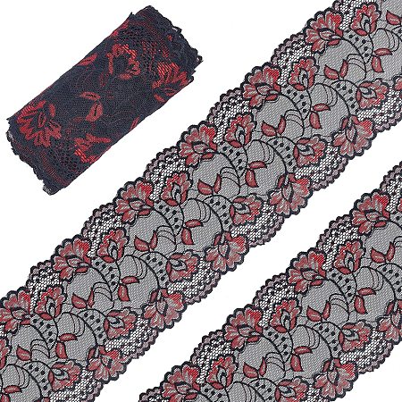 GORGECRAFT 5 Yard Black Lace Trim Ribbon Red Floral Stretch Tulle 5.9