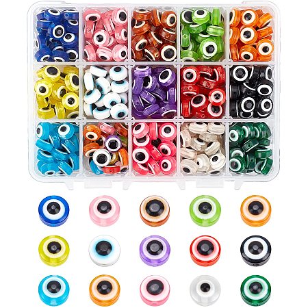 NBEADS 400 Pcs 10mm Evil Eye Beads, 15 Colors Resin Flat Round Evil Eye Charms Loose Spacer Beads for DIY Bracelet Necklace Jewelry Making