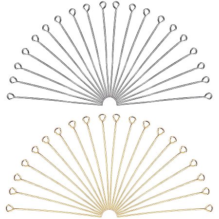 PandaHall Elite 160 pcs 45mm(1.7 inch) 304 Stainless Steel Head Pins Findings 21 Gauge(0.7mm) Open Eye Pin for Earring Pendant Bracelet Jewelry DIY Craft Making, Golden/Silver