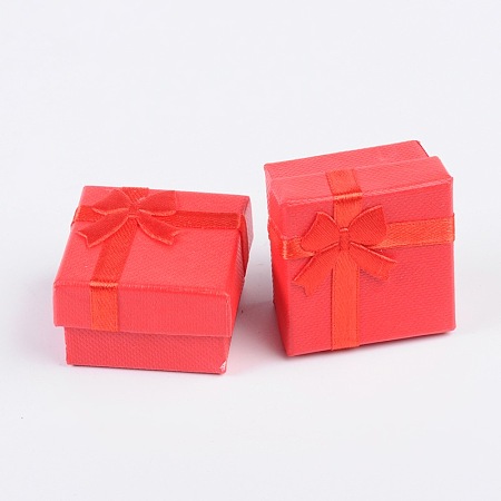Cardboard Ring Boxes, with Satin Ribbons Bowknot outside, Square, Red, 41x41x26mm