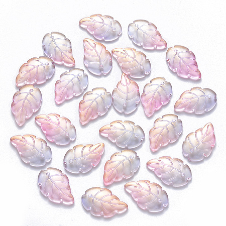 Honeyhandy Two Tone Transparent Spray Painted Glass Pendants, with Glitter Powder, Leaf, Pearl Pink, 23.5x15x3.5mm, Hole: 1.5mm