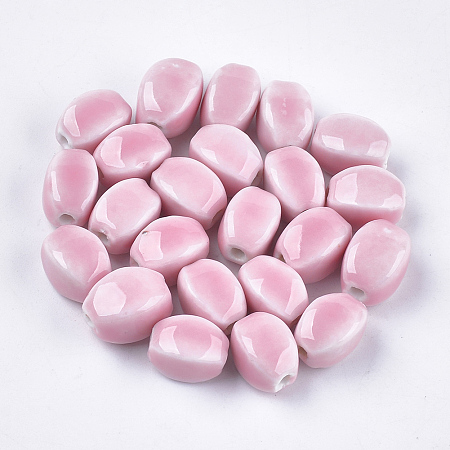 ARRICRAFT Handmade Porcelain Beads, Bright Glazed Porcelain Style, Oval, Pink, 14x10.5x11mm, Hole: 2.5mm
