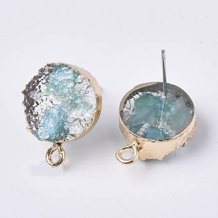 Honeyhandy Druzy Resin Stud Earring Loops, with Steel Pins and Edge Light Gold Plated Iron Loops, Flat Round, Pale Turquoise, 18x13.5mm, Hole: 1.8mm, Pin: 0.6mm