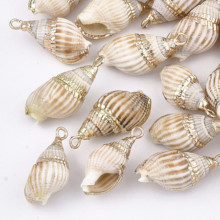 Honeyhandy Electroplate Spiral Shell Pendants, with Iron Findings, Light Gold, Peru, 16~30x8~14x7~12mm, Hole: 2mm