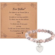 OLYCRAFT Natural Stones Bracelets with Silver Heart Charm Sister Bracelets with Card Natural Round Beaded Stretch Bracelet Gemstone Sister Gifts for Sister Best Friend Bestie