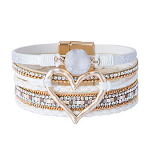 Honeyhandy Imitation Leather Multi-Starnd Bracelets, Bohemia Style Rhinestone and Druzy Crystal, Link Bracelet for Women, White, 7-5/8 inch(19.5cm), 30mm