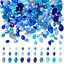 Nbeads 178Pcs Glass Beads, Teardrop, Faceted, Transparent/Opaque, Mixed Style, Blue, 6~12x4~8mm, Hole: 0.9~1.4mm