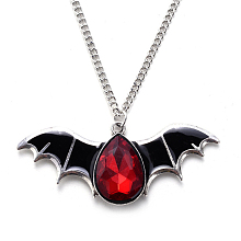 Honeyhandy Halloween Themed Glass Bat Pendant Necklace with Enamel, Alloy Jewelry for Men Women, FireBrick, Bat: 1.21x2.91 inch(3.08x7.4cm)