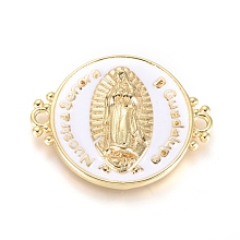 Honeyhandy Brass Links connectors, with Enamel, Long-Lasting Plated, Flat Round with Virgin Mary, Golden, White, 21x26x4mm, Hole: 1.6mm