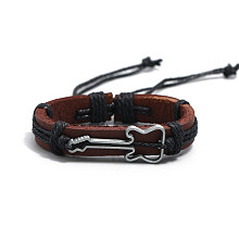 Honeyhandy Alloy Guitar Link Bracelet, Cowhide Leather Braided Cord Bracelet for Men Women, Black, 6-3/4~7-1/8 inch(17~18cm)