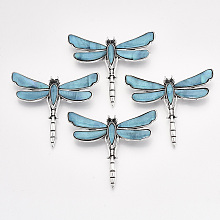 Honeyhandy Freshwater Shell Brooches/Pendants, with Alloy Findings and Resin Bottom, Rhinestone, Dyed, Dragonfly, Antique Silver, Sky Blue, 53x62x10mm, Hole: 5x4mm, Pin: 0.7mm