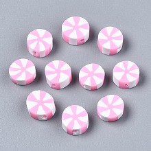 Honeyhandy Handmade Polymer Clay Beads, Flat Round, Pearl Pink, 9~10x4mm, Hole: 1.6mm