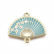 Honeyhandy Alloy Links, with Enamel, Folding Fan with Plum Blossom, Light Gold, Dark Turquoise, 20x23.5x2mm, Hole: 1.5mm