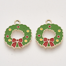 Honeyhandy Christmas Theme, Alloy Enamel Pendants, Light Gold, Wreath, Green, 20x17.5x1.5mm, Hole: 2mm