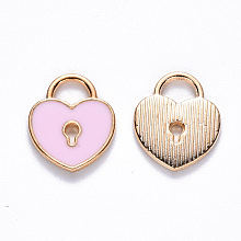 Honeyhandy Alloy Enamel Charms, Heart Lock, Light Gold, Pink, 13x11x1.5mm, Hole: 3x4mm