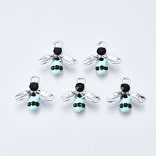 Honeyhandy Alloy Enamel Pendants, with Rhinestone, Bees, Platinum, Light Blue, 15x16.5x3.5mm, Hole: 2mm