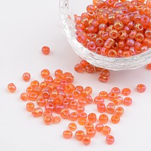 Honeyhandy 6/0 Transparent Rainbow Colours Round Glass Seed Beads, Orange Red, Size: about 4mm in diameter, hole:1.5mm, about 495pcs/50g