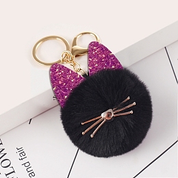 Honeyhandy Faux Fur Cat Pendant Keychain, Cute Glitter Kitten Golden Tone Alloy Key Ring Ornament, Black, 15x8cm