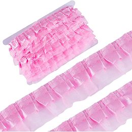 GORGECRAFT 22 Yards 2 Layer Organza Lace Ribbon Pleated Satin Lace Edge Trim 1.6 Inch Wide Pink Ruffle Chiffon Edging Trimmings Tulle Fabric for Cloth Applique Embellishment DIY Sewing Crafts