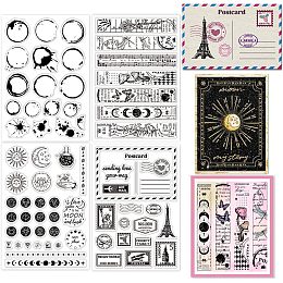 GLOBLELAND 4 Sheets Plants Postage Postcard Moon Phases Clear Stamps for Card Making Coffee Stains Silicone Clear Stamp Seals Transparent Stamps for DIY Scrapbooking Journals Decorative Photo Album