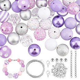 PandaHall Elite Purple White Gumball Beads, 53pcs Chunky Bubblegum Beads 20mm Large Candy Loose Beads 47pcs Iron Spacer Beads Chain Elastic Thread for Garland Easter Jewellery Necklace Bracelet Making