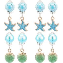 Arricraft 4 Pairs 2 Styles Clip on Earrings, Starfish Imitation Shell Enamel Dangle Earrings Ocean Theme Non Piercing Drop Earrings for Women s