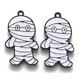 Honeyhandy Halloween Theme Alloy Enamel Pendants, White Mummy Shape, Electrophoresis Black, 26.5x16x1.5mm, Hole: 1.6mm