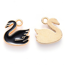 Honeyhandy Alloy Enamel Charms, Swan, Light Gold, Black, 14x14x2mm, Hole: 1.8mm