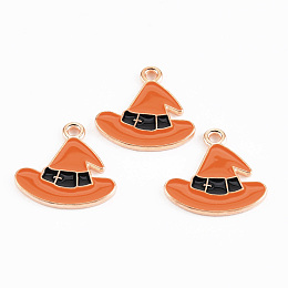 Honeyhandy Light Gold Tone Alloy Enamel Pendants, Cadmium Free & Lead Free, Halloween, Witch Hat, Orange Red, 17x17.1x1.2mm, Hole: 1.5mm