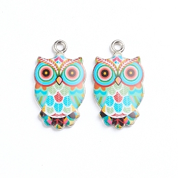 Alloy Enamel Pendants, Owl, Platinum, Cyan, 23.5x13x2mm, Hole: 1.6mm, 2pcs/bag