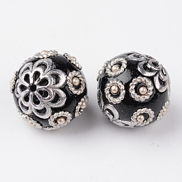 Honeyhandy Round Handmade Indonesia Beads, with Acrylic and Alloy Cores, Platinum, Black, 19x18mm, Hole: 1.5mm