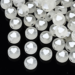 Honeyhandy Luminous Acrylic Beads, Glow in the Dark, Flat Round with Heart, White, 7x3.5mm, Hole: 1.8mm, about 3700pcs/500g