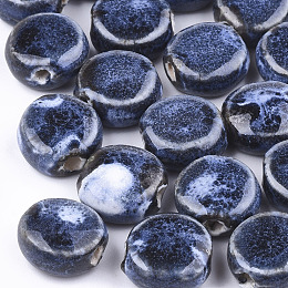 Honeyhandy Handmade Porcelain Beads, Fancy Antique Glazed Porcelain, Flat Round, Marine Blue, 10~11x10.5~11x5~5.5mm, Hole: 1.5~2mm