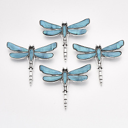 Honeyhandy Freshwater Shell Brooches/Pendants, with Alloy Findings and Resin Bottom, Rhinestone, Dyed, Dragonfly, Antique Silver, Sky Blue, 53x62x10mm, Hole: 5x4mm, Pin: 0.7mm