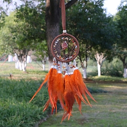 Honeyhandy Natural Carnelian Chips Woven Net/Web with Feather Pendant Decoration, Iron Ring Hanging Ornament, 400x70mm