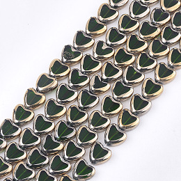 Honeyhandy Electroplate Glass Beads Strands, Edge Plated, Heart, Dark Green, 10x10x4mm, Hole: 1mm, about 30pcs/strand, 11.4 inch