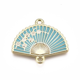 Honeyhandy Alloy Links, with Enamel, Folding Fan with Plum Blossom, Light Gold, Dark Turquoise, 20x23.5x2mm, Hole: 1.5mm