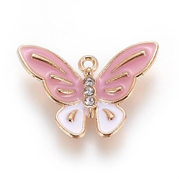 Honeyhandy Zinc Alloy Pendants, with Enamel and Rhinestone, Butterfly, Light Gold, Pink, 18x25.5x3.5mm, Hole: 1mm