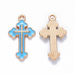 Honeyhandy Alloy Enamel Pendants, Cross, Light Gold, Deep Sky Blue, 25x14x2mm, Hole: 1.8mm