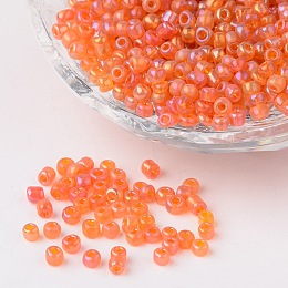 Honeyhandy Transparent Colours Rainbow Round Glass Seed Beads, Orange Red, Size: about 3mm in diameter, hole: 1mm, about 1102pcs/50g