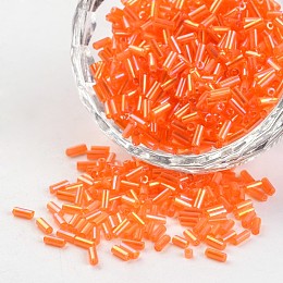 Honeyhandy Tube Transparent Colours Rainbow Plated Glass Bugle Beads, Orange Red, 3~5x1.8~2mm, Hole: 0.8mm, about 1200pcs/50g